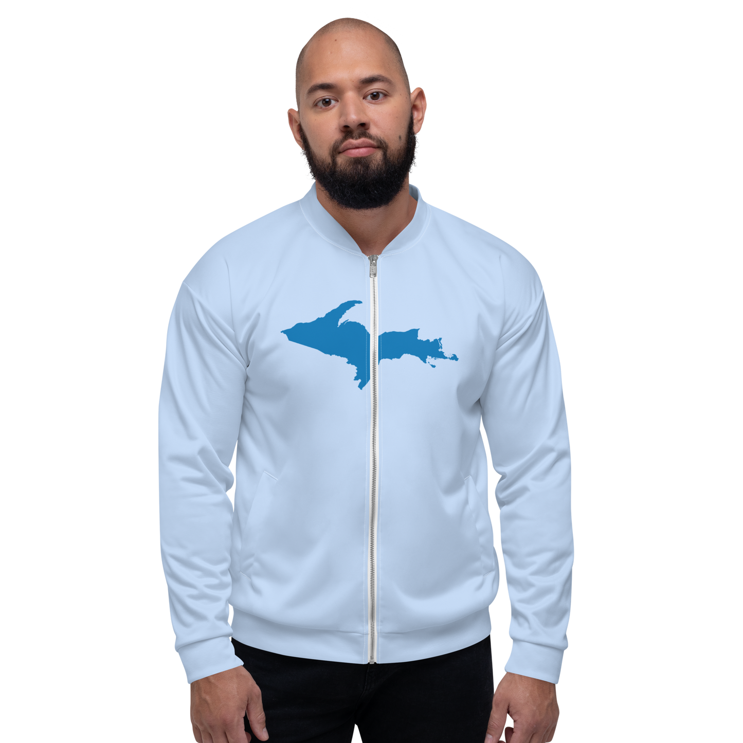 Michigan Upper Peninsula Bomber Jacket (w/ Large Azure UP Outline) | Light Blue