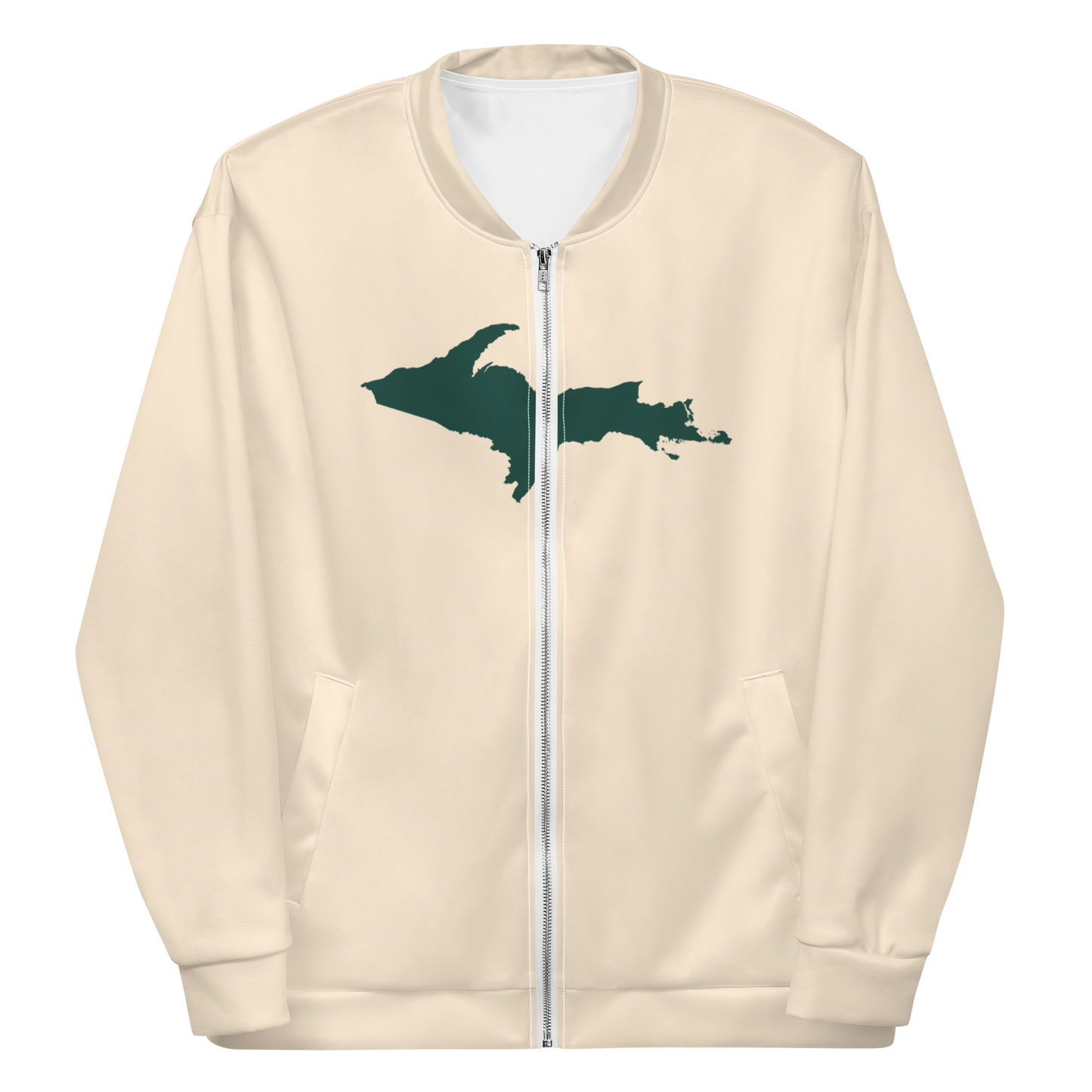 Michigan Upper Peninsula Bomber Jacket (w/ Large Green UP Outline) | Champagne White