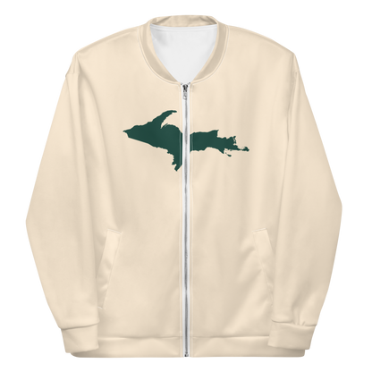 Michigan Upper Peninsula Bomber Jacket (w/ Large Green UP Outline) | Champagne White