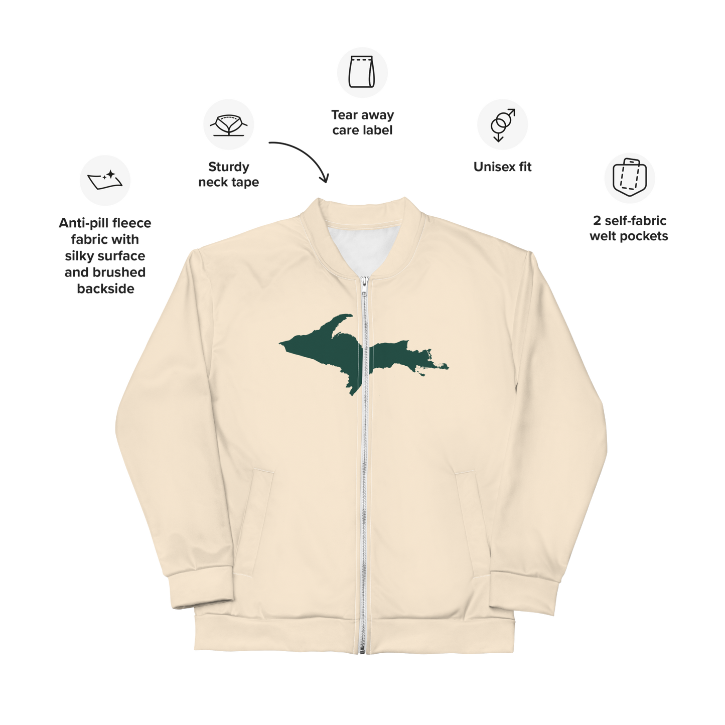 Michigan Upper Peninsula Bomber Jacket (w/ Large Green UP Outline) | Champagne White