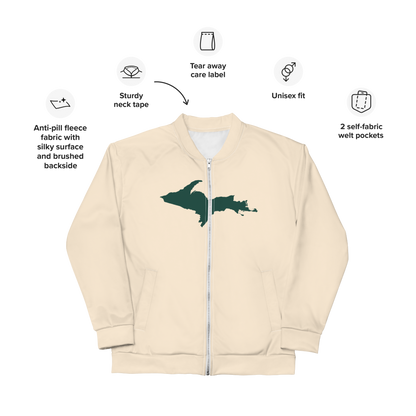 Michigan Upper Peninsula Bomber Jacket (w/ Large Green UP Outline) | Champagne White