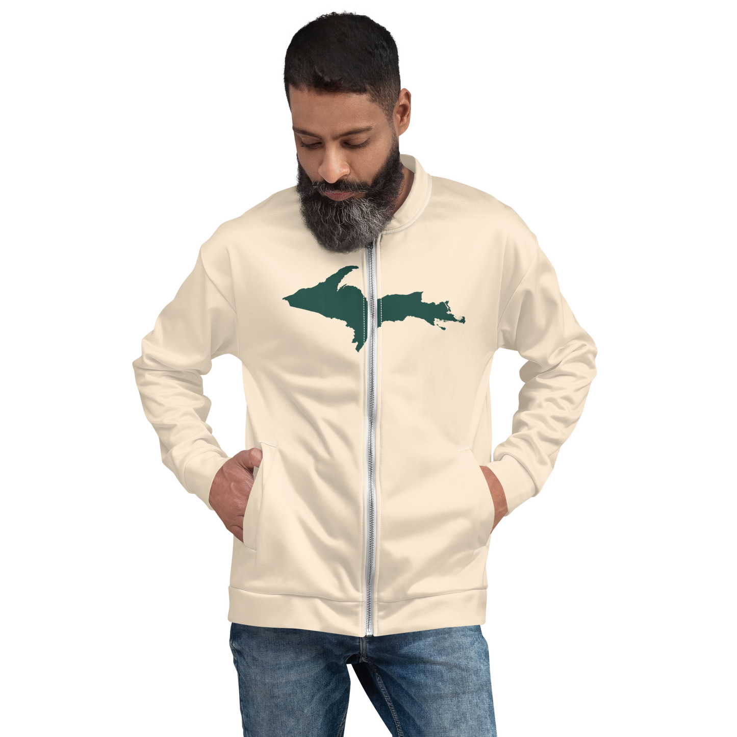 Michigan Upper Peninsula Bomber Jacket (w/ Large Green UP Outline) | Champagne White