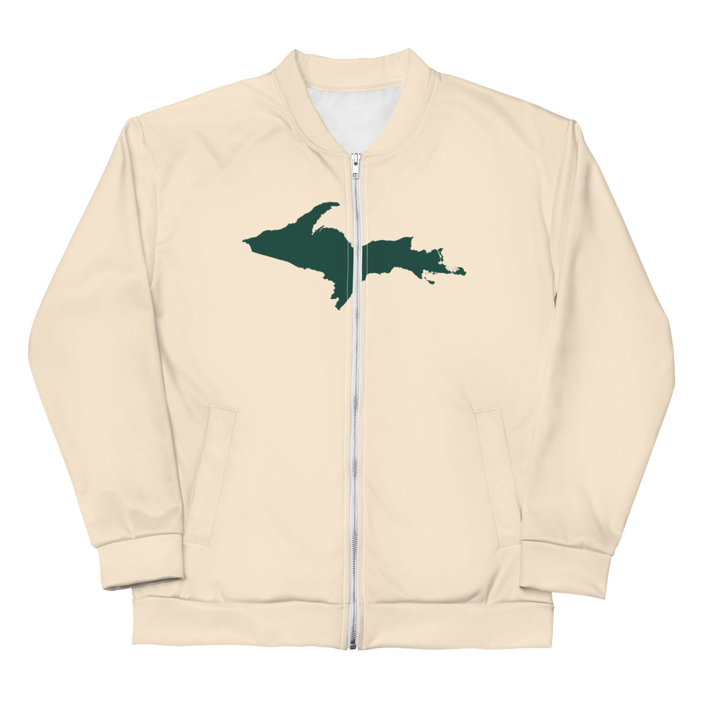 Michigan Upper Peninsula Bomber Jacket (w/ Large Green UP Outline) | Champagne White