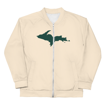 Michigan Upper Peninsula Bomber Jacket (w/ Large Green UP Outline) | Champagne White