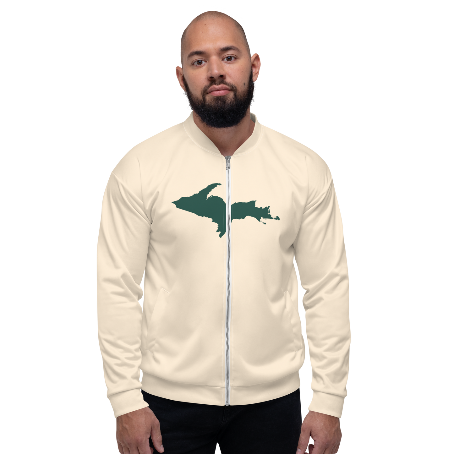 Michigan Upper Peninsula Bomber Jacket (w/ Large Green UP Outline) | Champagne White