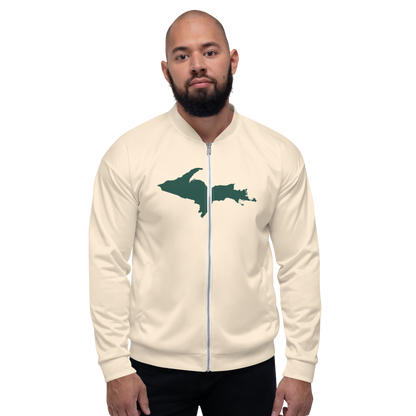 Michigan Upper Peninsula Bomber Jacket (w/ Large Green UP Outline) | Champagne White