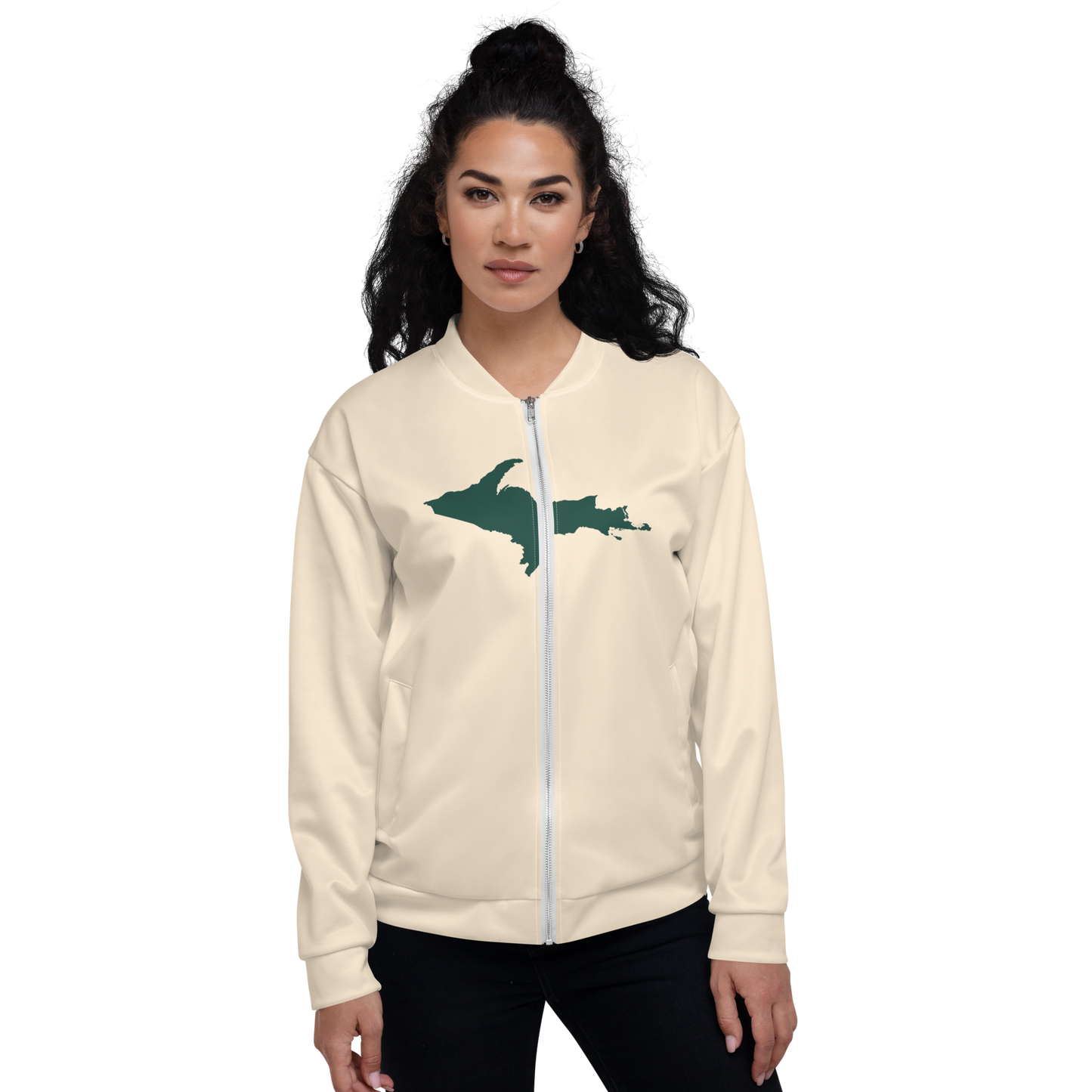 Michigan Upper Peninsula Bomber Jacket (w/ Large Green UP Outline) | Champagne White