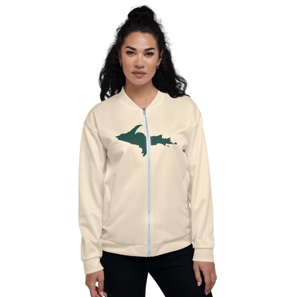 Michigan Upper Peninsula Bomber Jacket (w/ Large Green UP Outline) | Champagne White