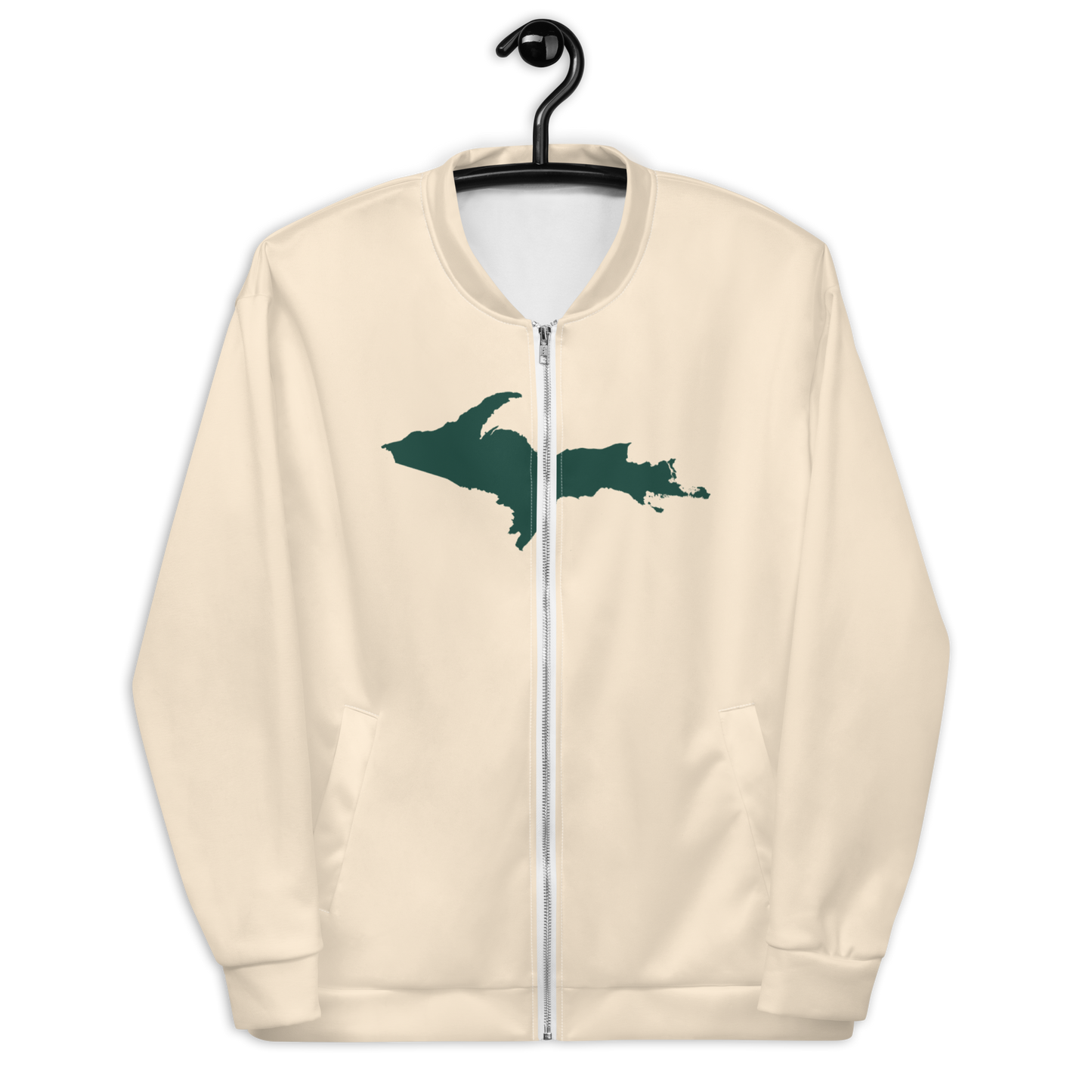 Michigan Upper Peninsula Bomber Jacket (w/ Large Green UP Outline) | Champagne White