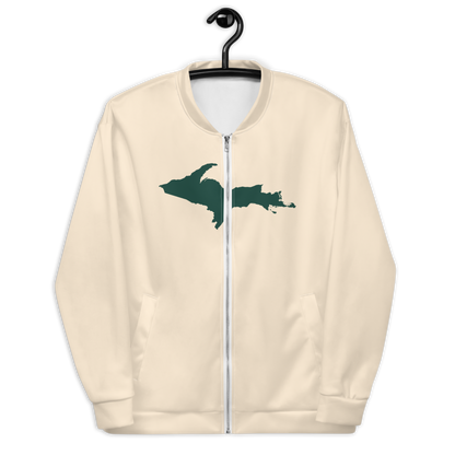 Michigan Upper Peninsula Bomber Jacket (w/ Large Green UP Outline) | Champagne White