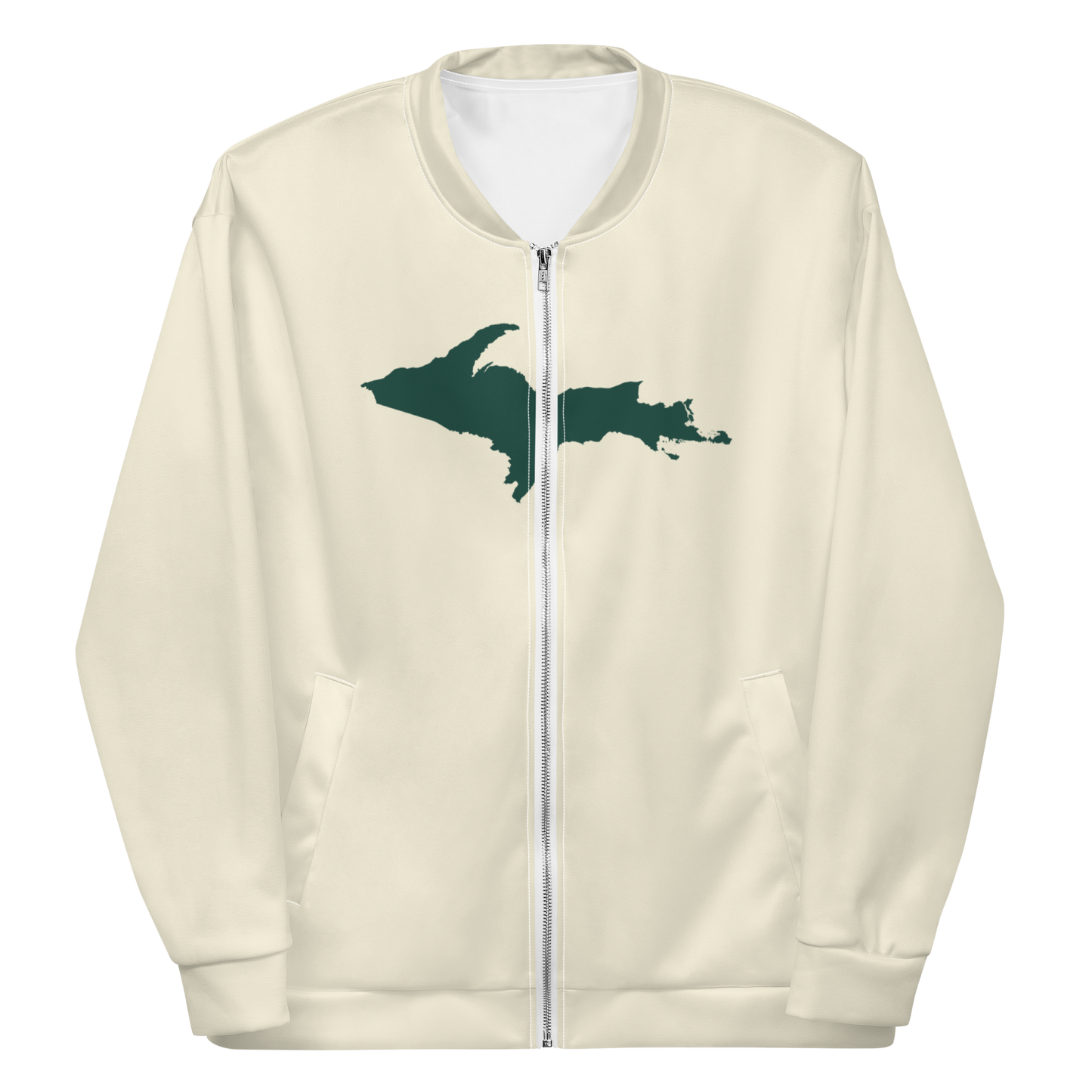 Michigan Upper Peninsula Bomber Jacket (w/ Large Green UP Outline) | Ivory White