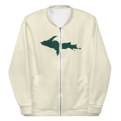 Michigan Upper Peninsula Bomber Jacket (w/ Large Green UP Outline) | Ivory White