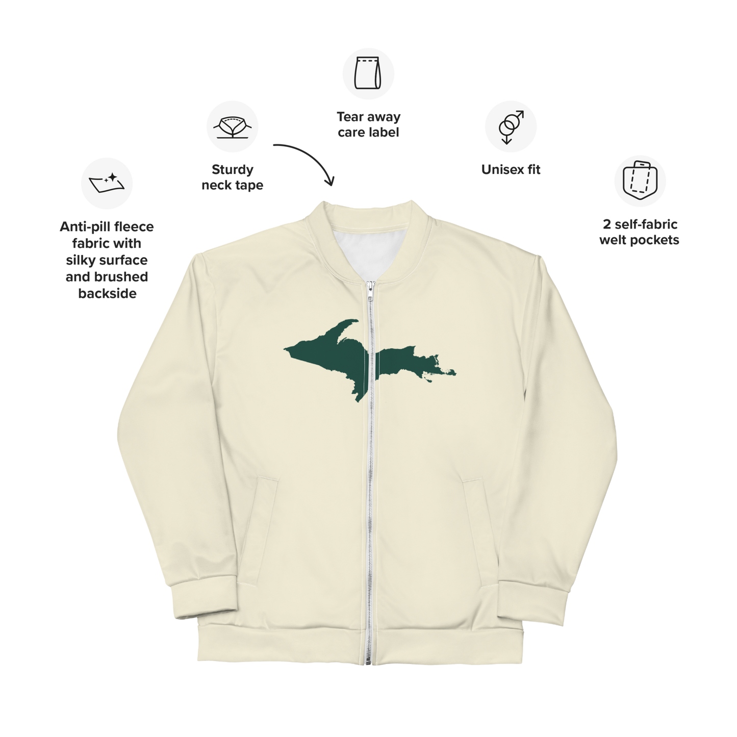 Michigan Upper Peninsula Bomber Jacket (w/ Large Green UP Outline) | Ivory White