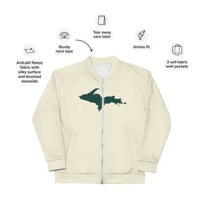 Michigan Upper Peninsula Bomber Jacket (w/ Large Green UP Outline) | Ivory White