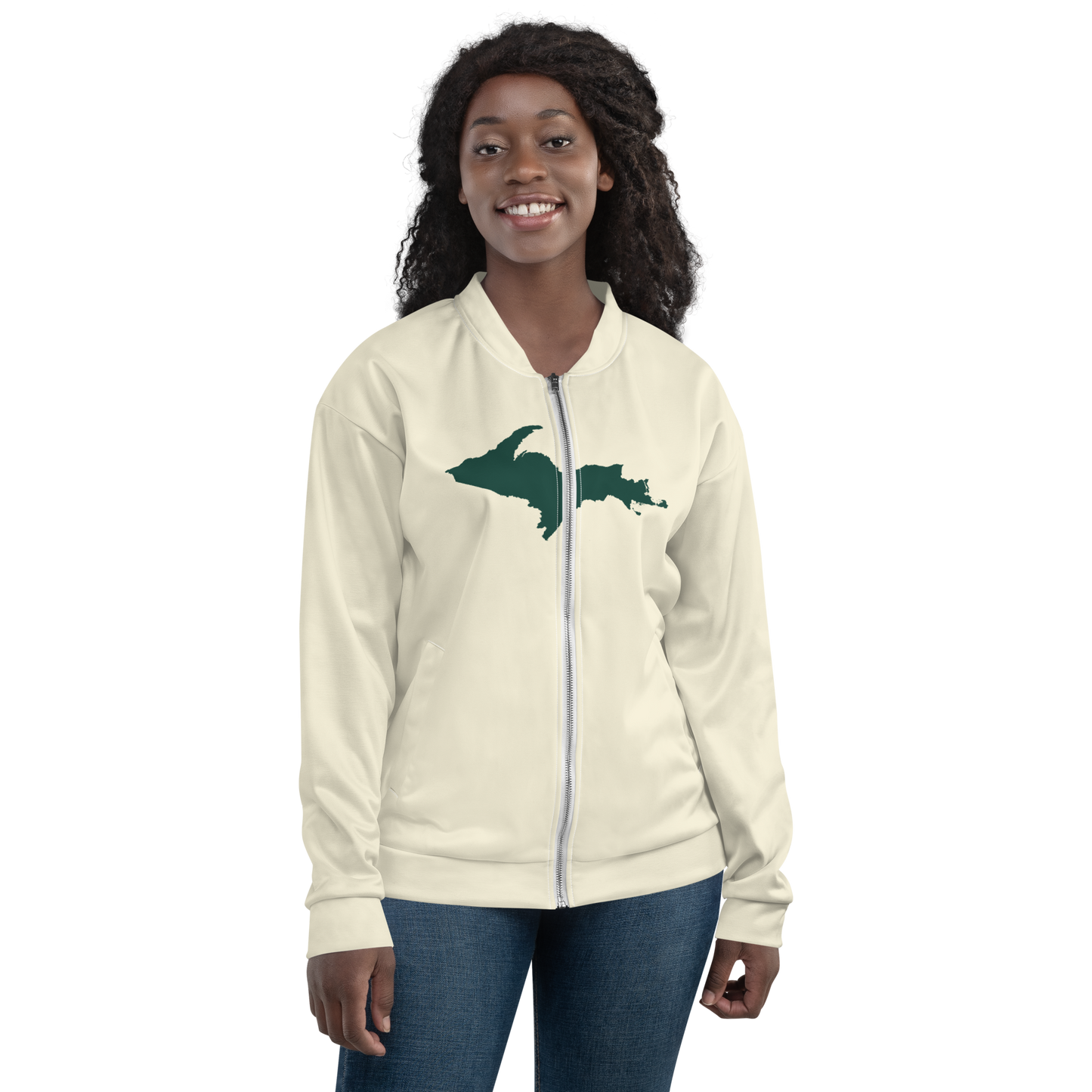 Michigan Upper Peninsula Bomber Jacket (w/ Large Green UP Outline) | Ivory White