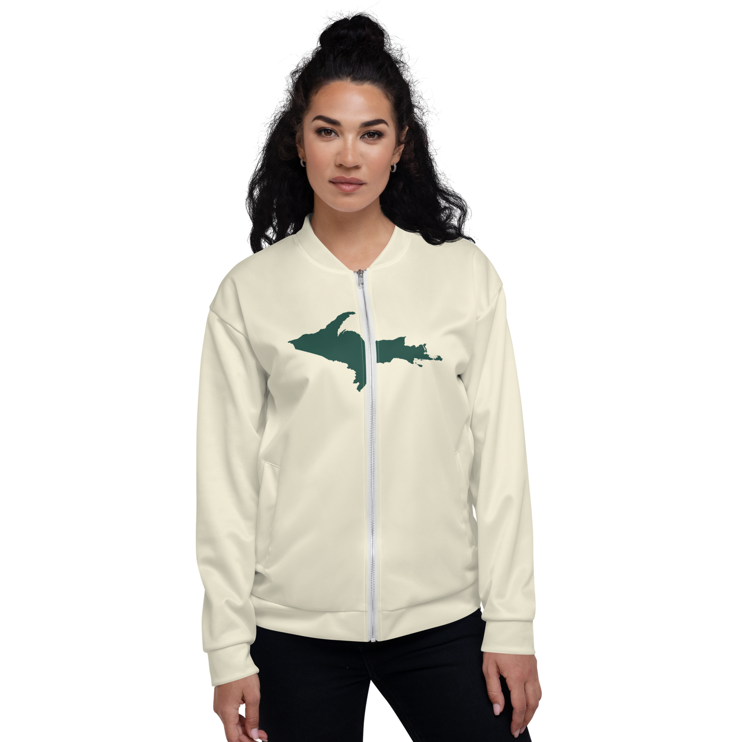 Michigan Upper Peninsula Bomber Jacket (w/ Large Green UP Outline) | Ivory White