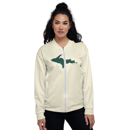 Michigan Upper Peninsula Bomber Jacket (w/ Large Green UP Outline) | Ivory White