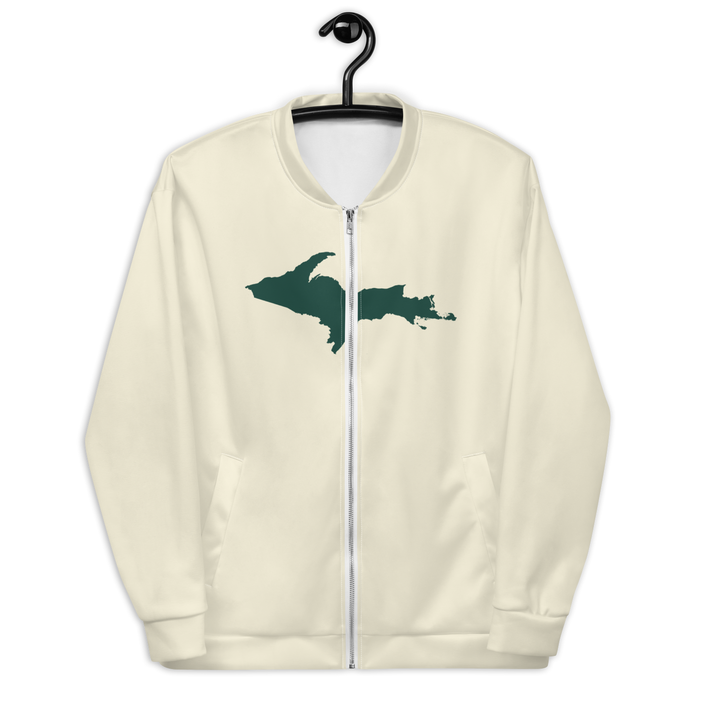 Michigan Upper Peninsula Bomber Jacket (w/ Large Green UP Outline) | Ivory White