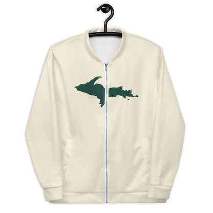 Michigan Upper Peninsula Bomber Jacket (w/ Large Green UP Outline) | Ivory White