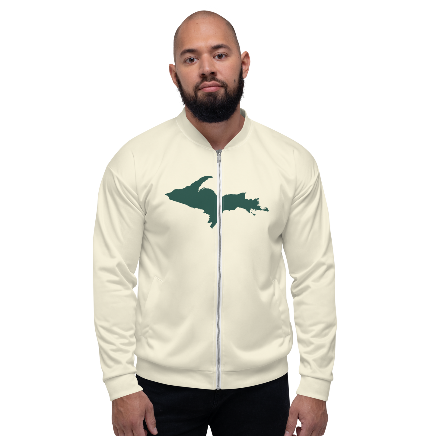 Michigan Upper Peninsula Bomber Jacket (w/ Large Green UP Outline) | Ivory White