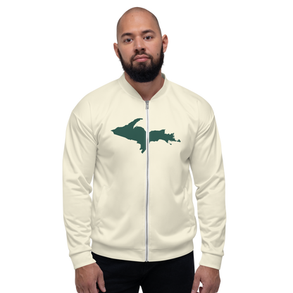 Michigan Upper Peninsula Bomber Jacket (w/ Large Green UP Outline) | Ivory White