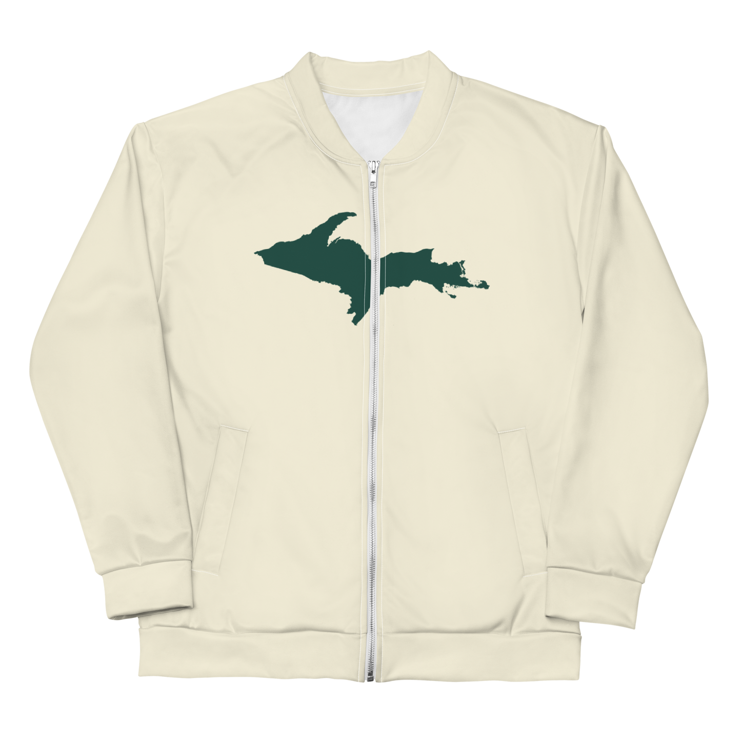 Michigan Upper Peninsula Bomber Jacket (w/ Large Green UP Outline) | Ivory White