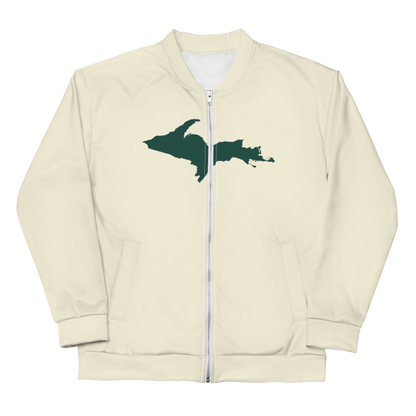 Michigan Upper Peninsula Bomber Jacket (w/ Large Green UP Outline) | Ivory White