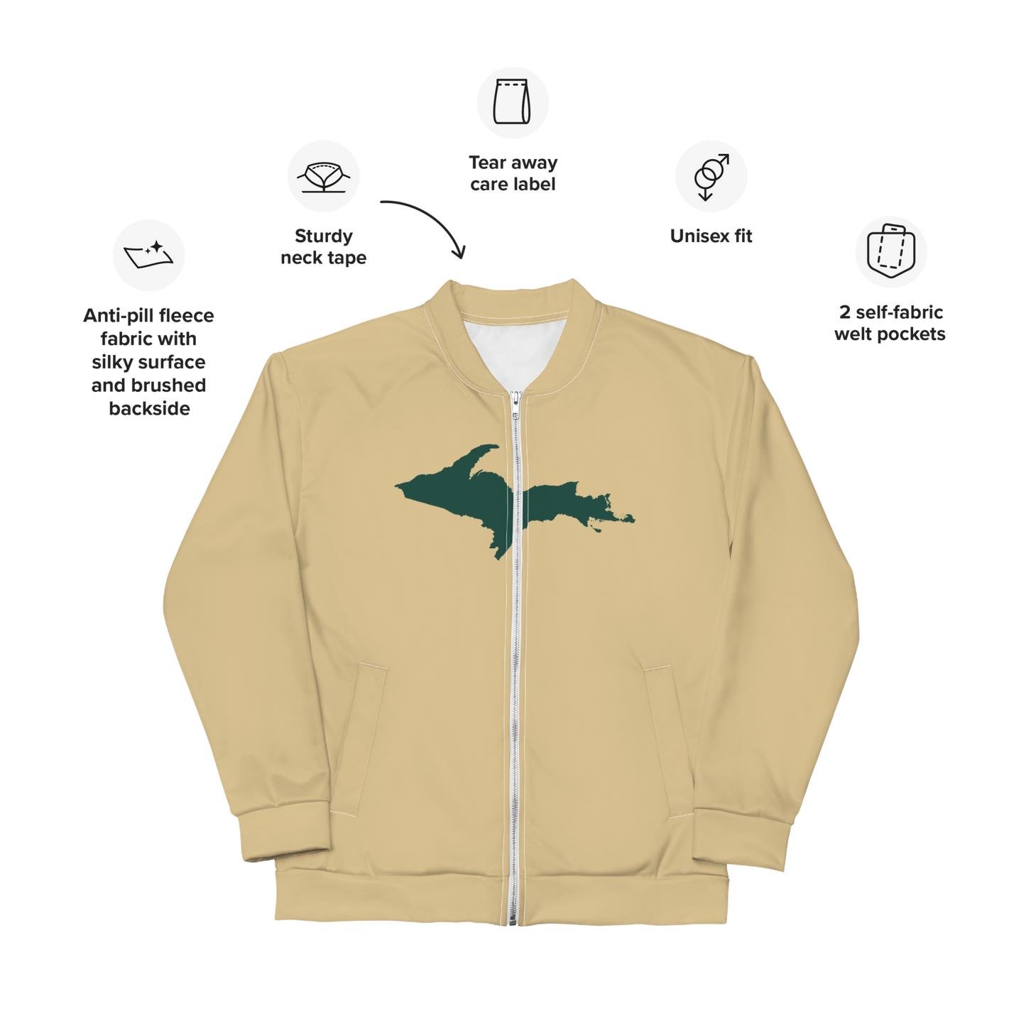 Michigan Upper Peninsula Bomber Jacket (w/ Large Green UP Outline) | Maple Color