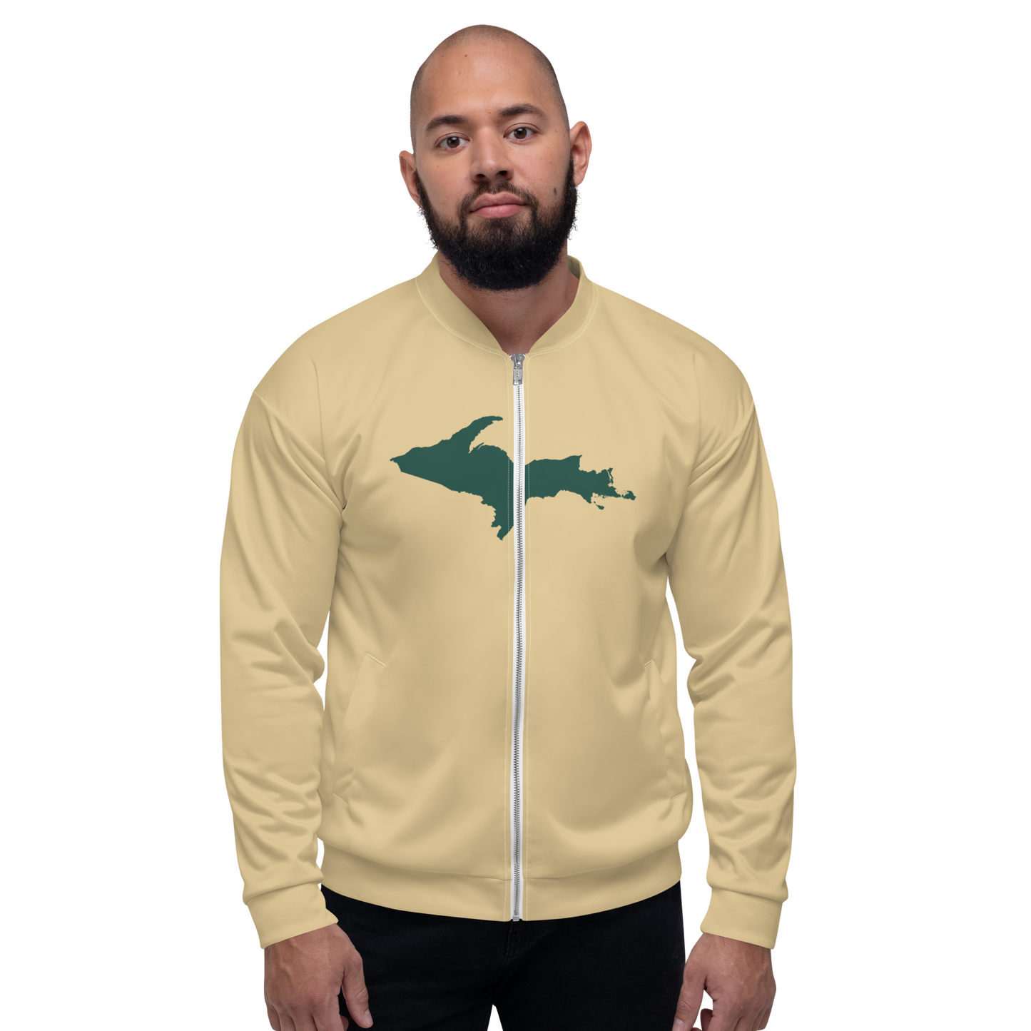 Michigan Upper Peninsula Bomber Jacket (w/ Large Green UP Outline) | Maple Color