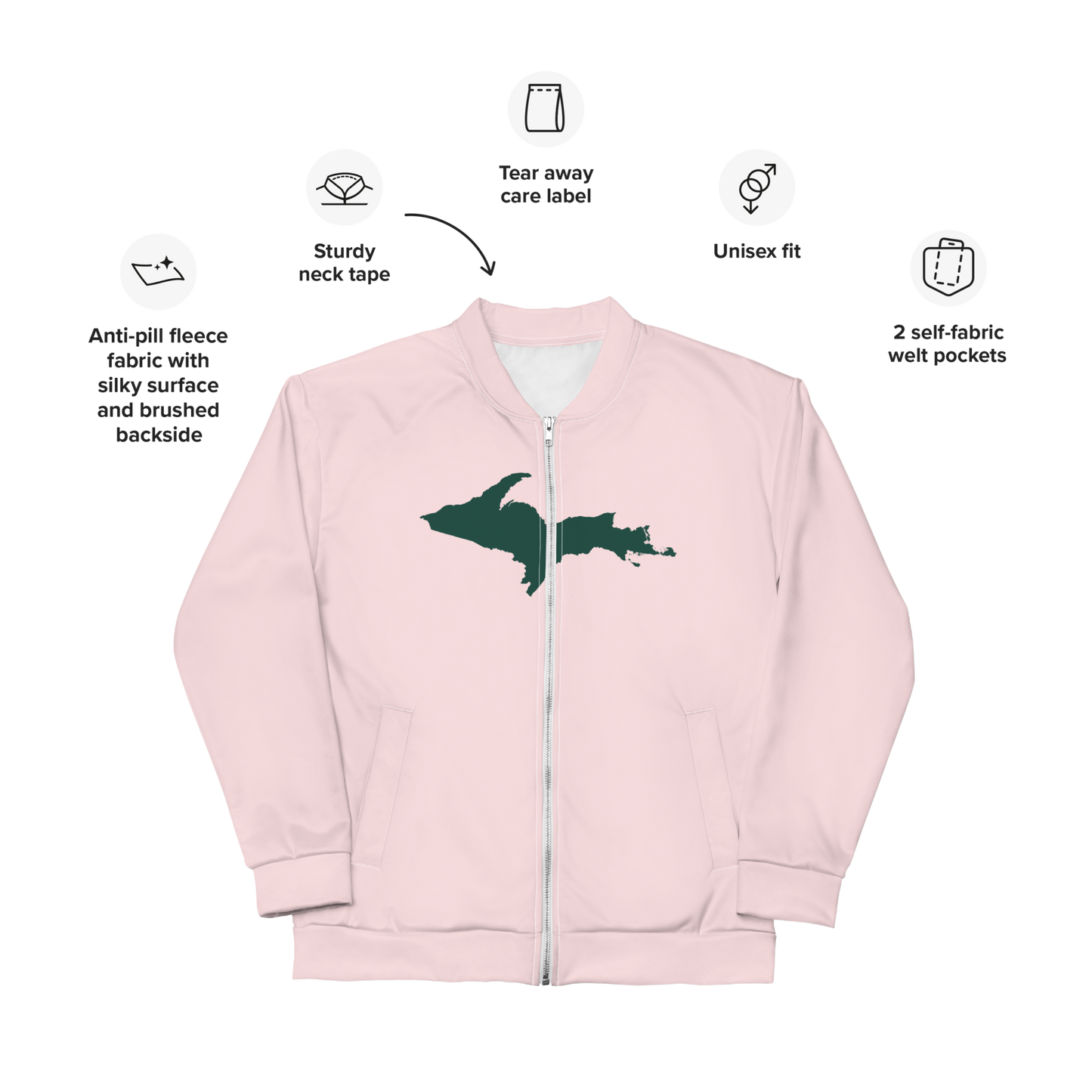 Michigan Upper Peninsula Bomber Jacket (w/ Large Green UP Outline) | Pale Pink