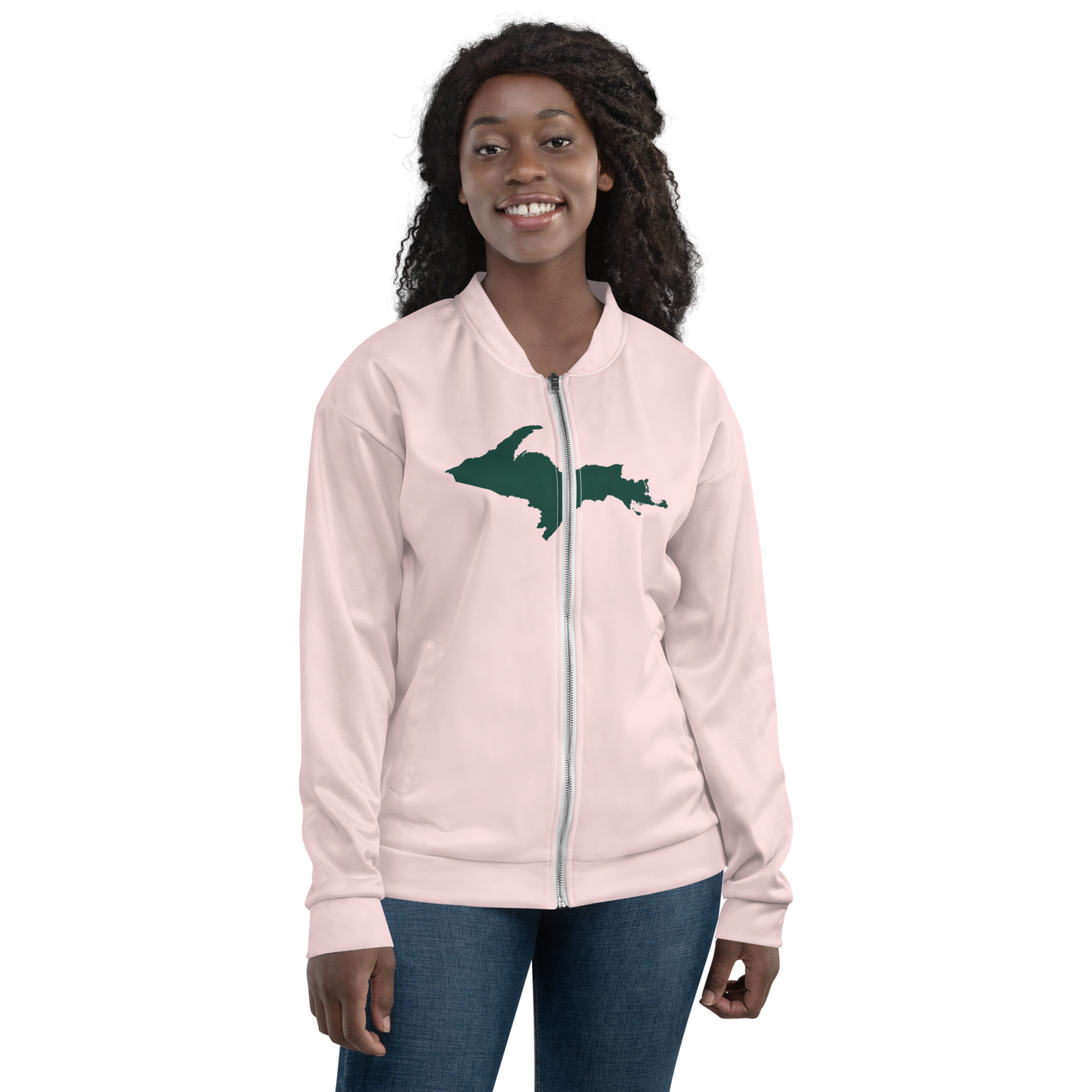 Michigan Upper Peninsula Bomber Jacket (w/ Large Green UP Outline) | Pale Pink