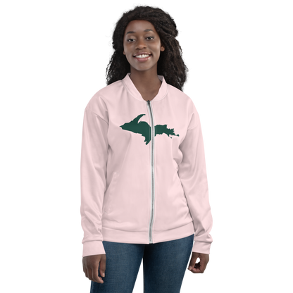 Michigan Upper Peninsula Bomber Jacket (w/ Large Green UP Outline) | Pale Pink