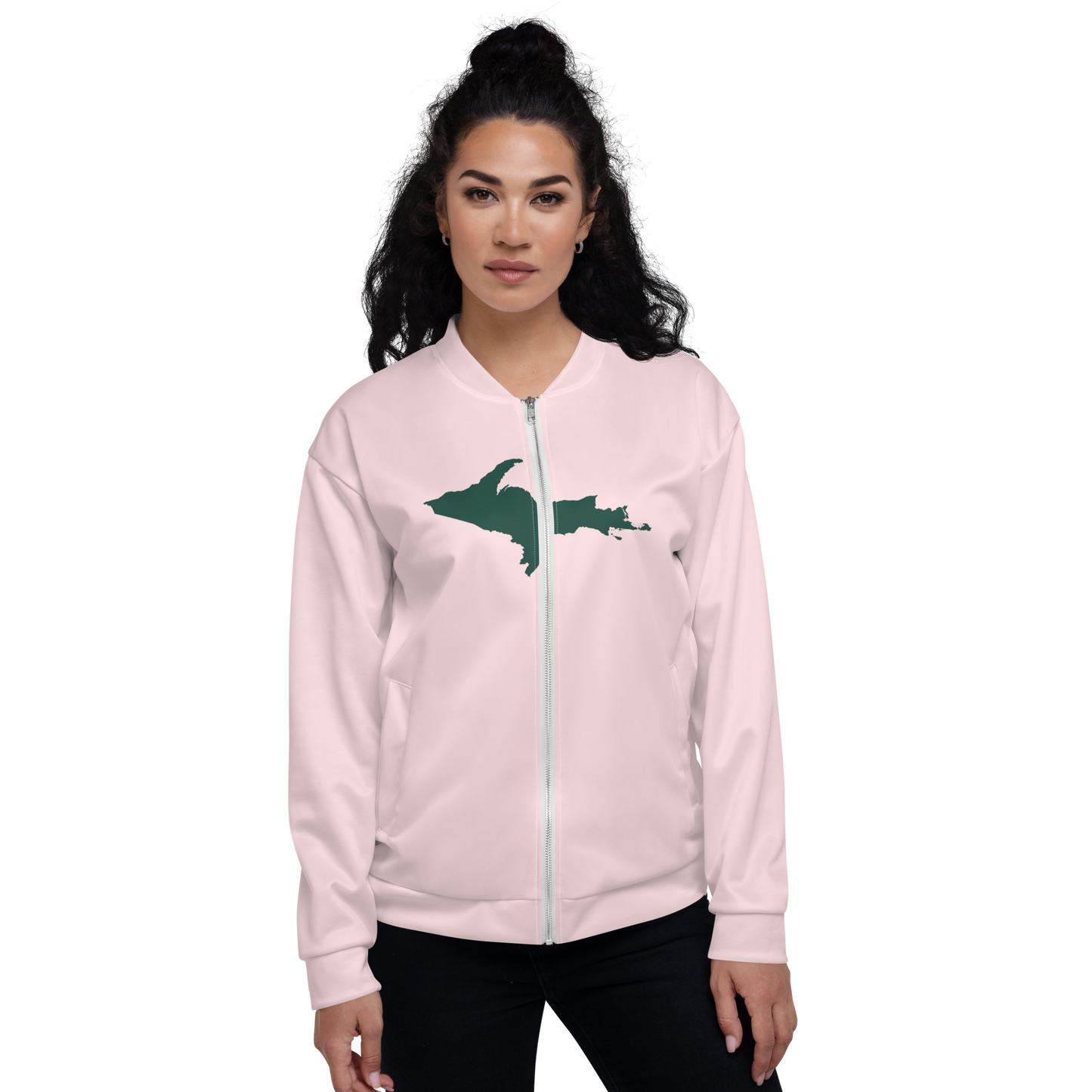 Michigan Upper Peninsula Bomber Jacket (w/ Large Green UP Outline) | Pale Pink