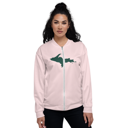 Michigan Upper Peninsula Bomber Jacket (w/ Large Green UP Outline) | Pale Pink