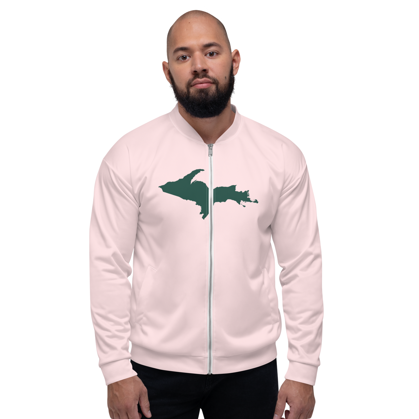 Michigan Upper Peninsula Bomber Jacket (w/ Large Green UP Outline) | Pale Pink