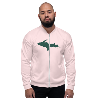 Michigan Upper Peninsula Bomber Jacket (w/ Large Green UP Outline) | Pale Pink