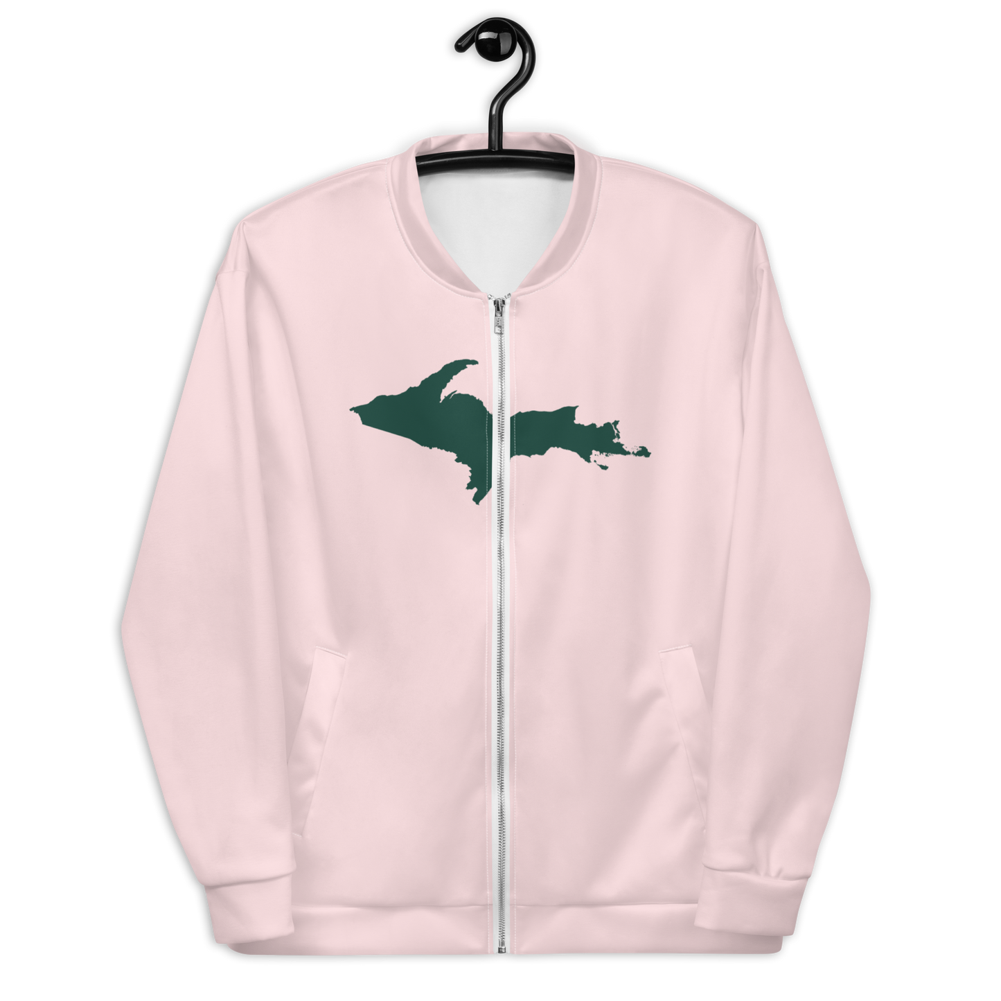 Michigan Upper Peninsula Bomber Jacket (w/ Large Green UP Outline) | Pale Pink