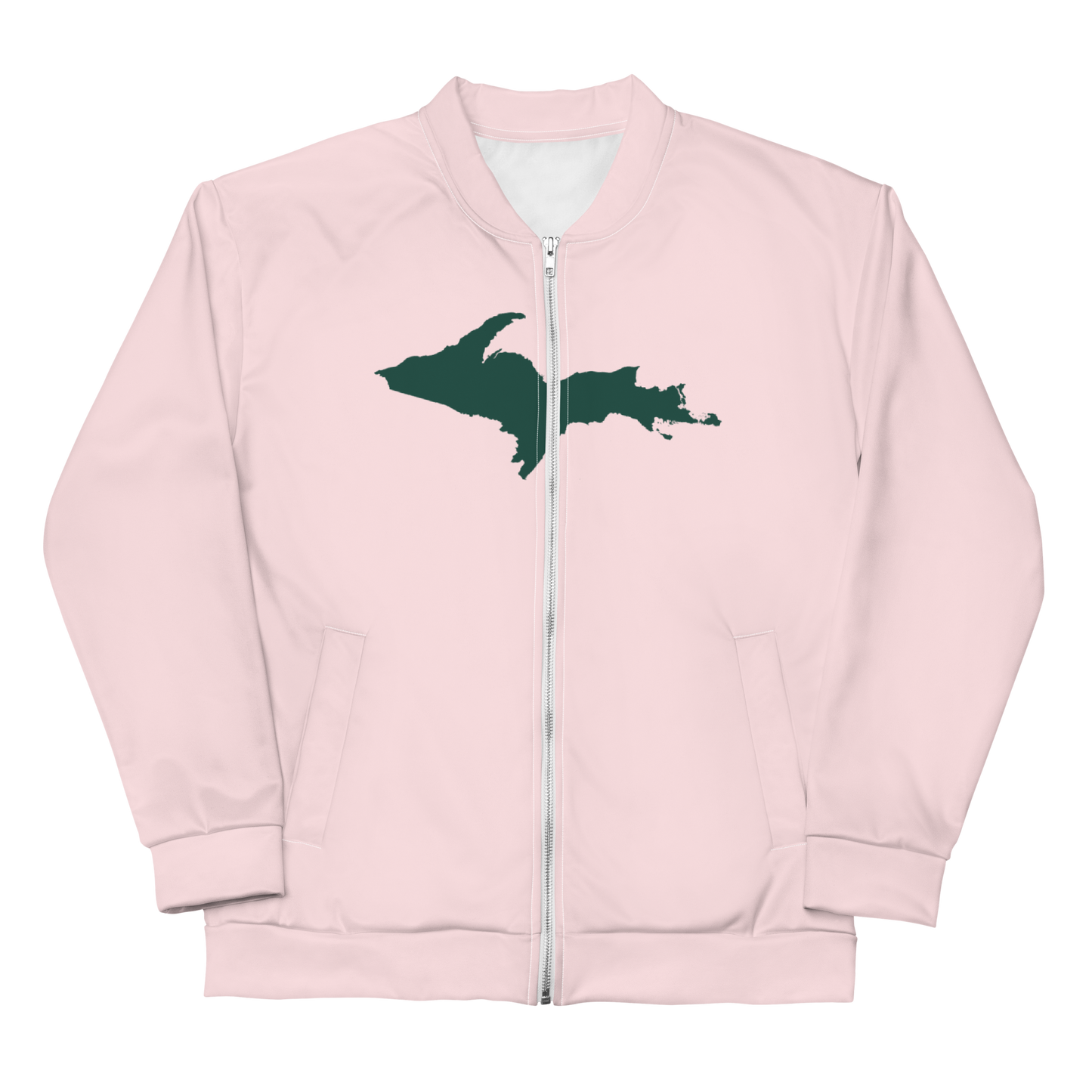 Michigan Upper Peninsula Bomber Jacket (w/ Large Green UP Outline) | Pale Pink