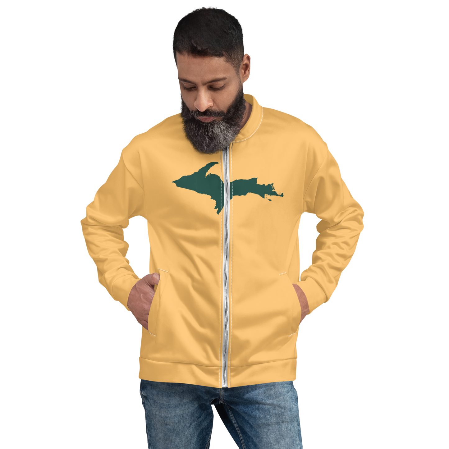 Michigan Upper Peninsula Bomber Jacket (w/ Large Green UP Outline) | Apricot Color