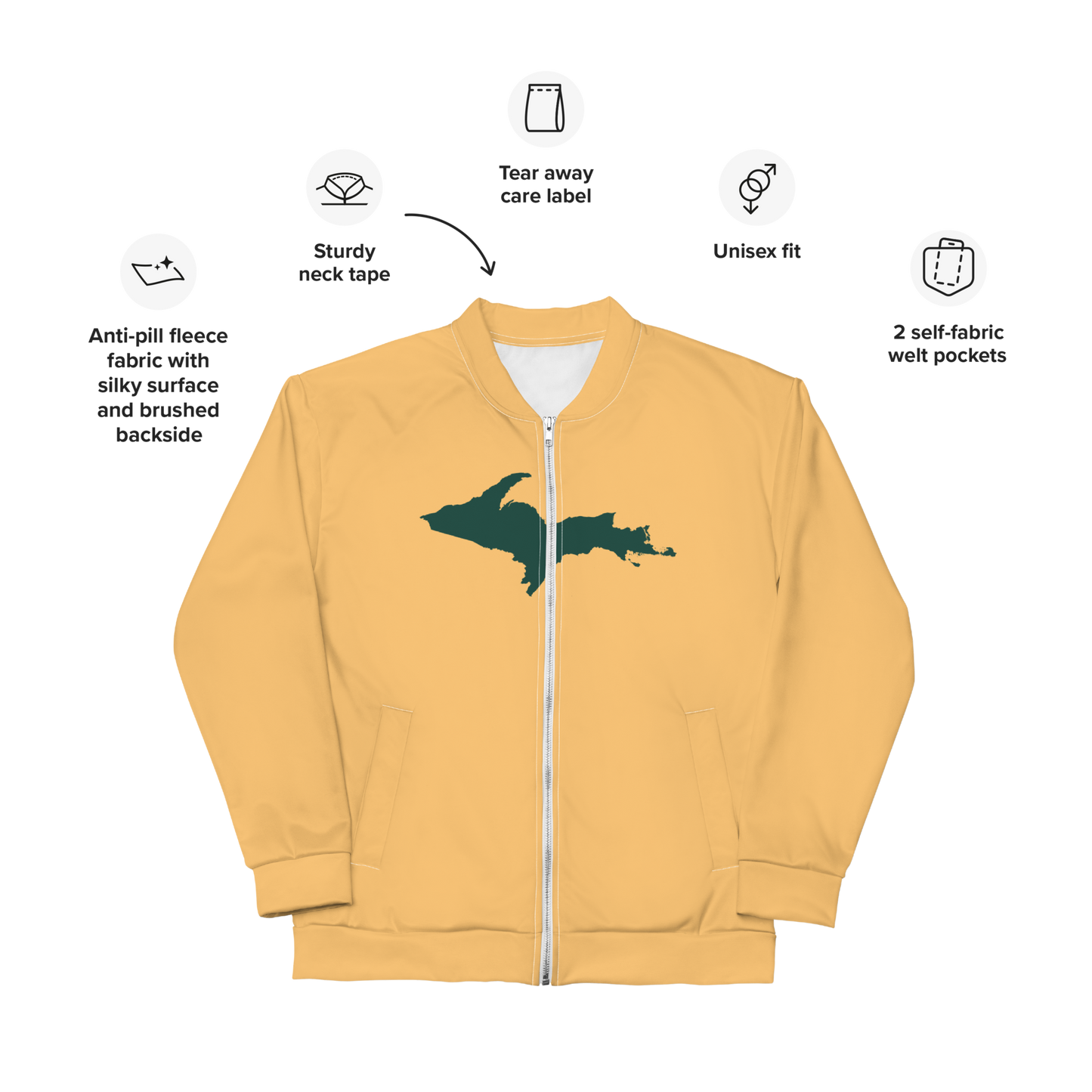 Michigan Upper Peninsula Bomber Jacket (w/ Large Green UP Outline) | Apricot Color