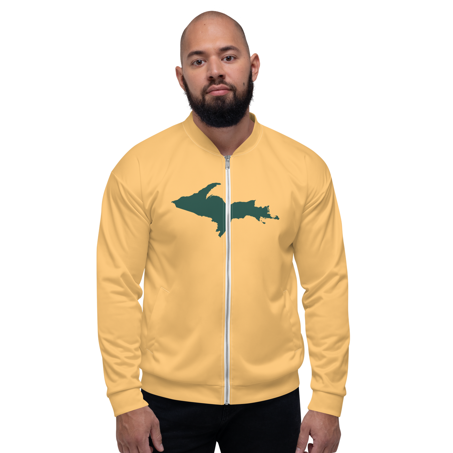 Michigan Upper Peninsula Bomber Jacket (w/ Large Green UP Outline) | Apricot Color