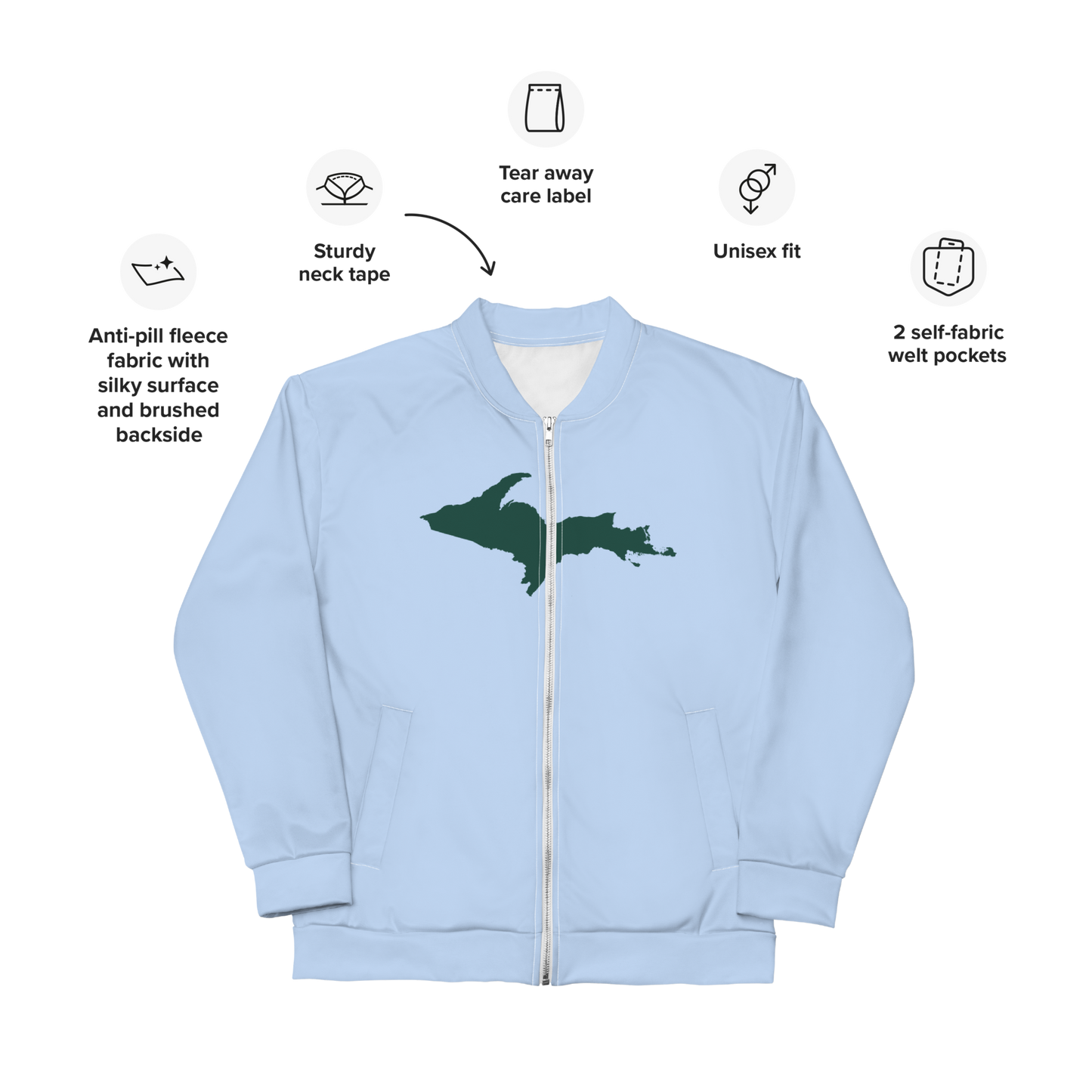 Michigan Upper Peninsula Bomber Jacket (w/ Large Green UP Outline) | Light Blue