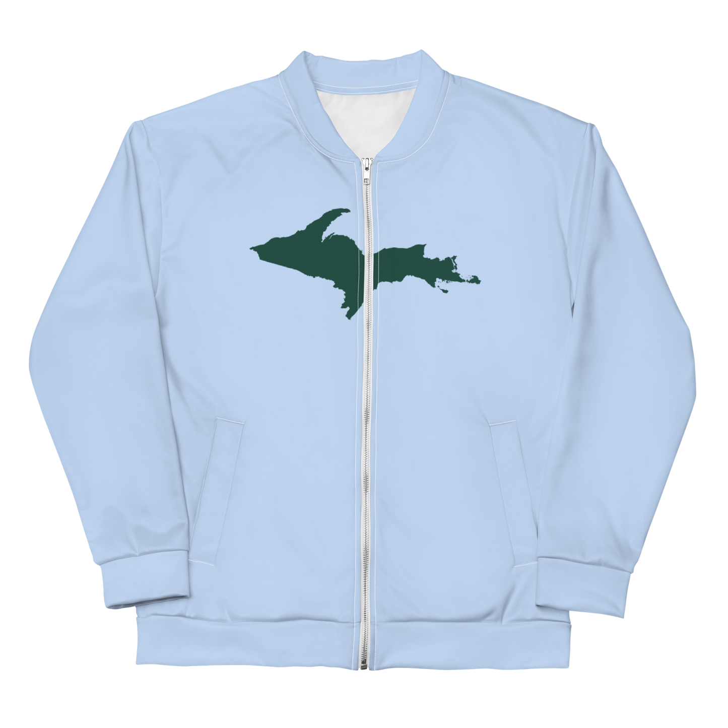 Michigan Upper Peninsula Bomber Jacket (w/ Large Green UP Outline) | Light Blue