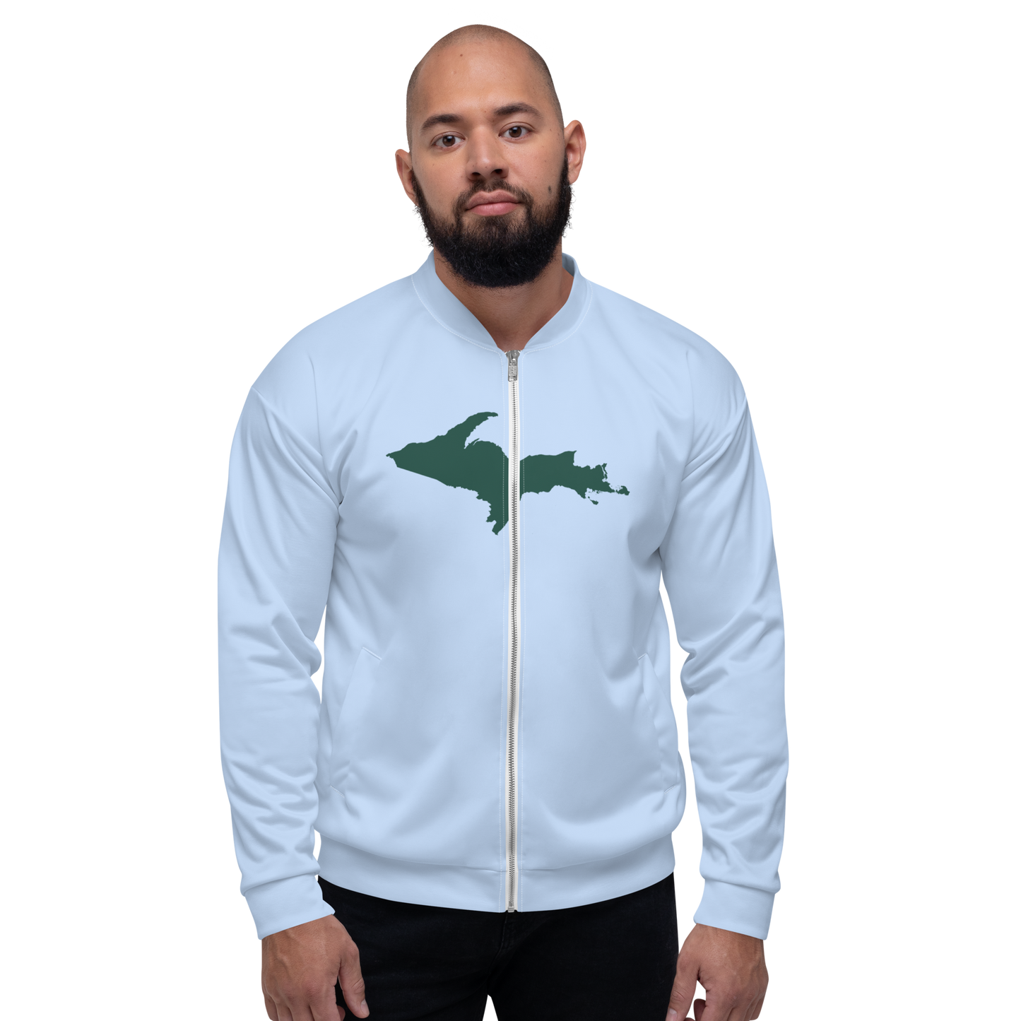 Michigan Upper Peninsula Bomber Jacket (w/ Large Green UP Outline) | Light Blue