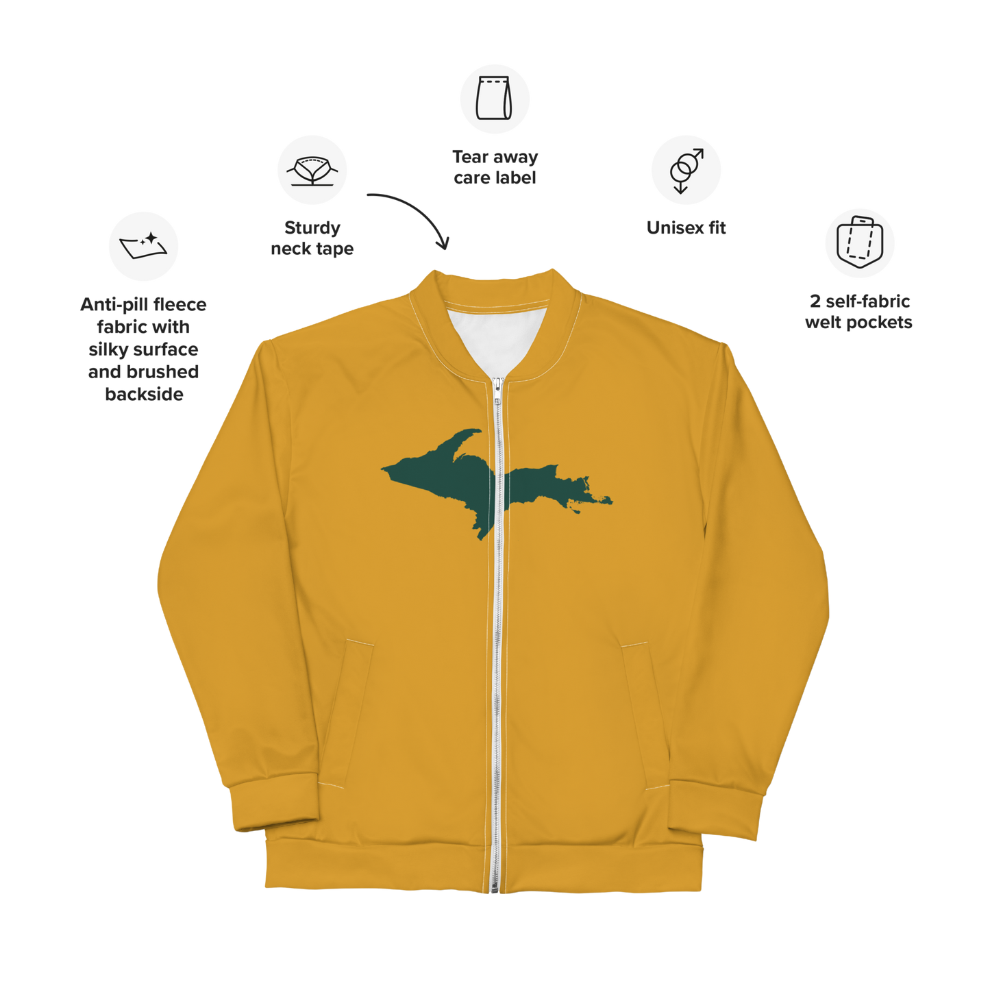 Michigan Upper Peninsula Bomber Jacket (w/ Large Green UP Outline) | Gold