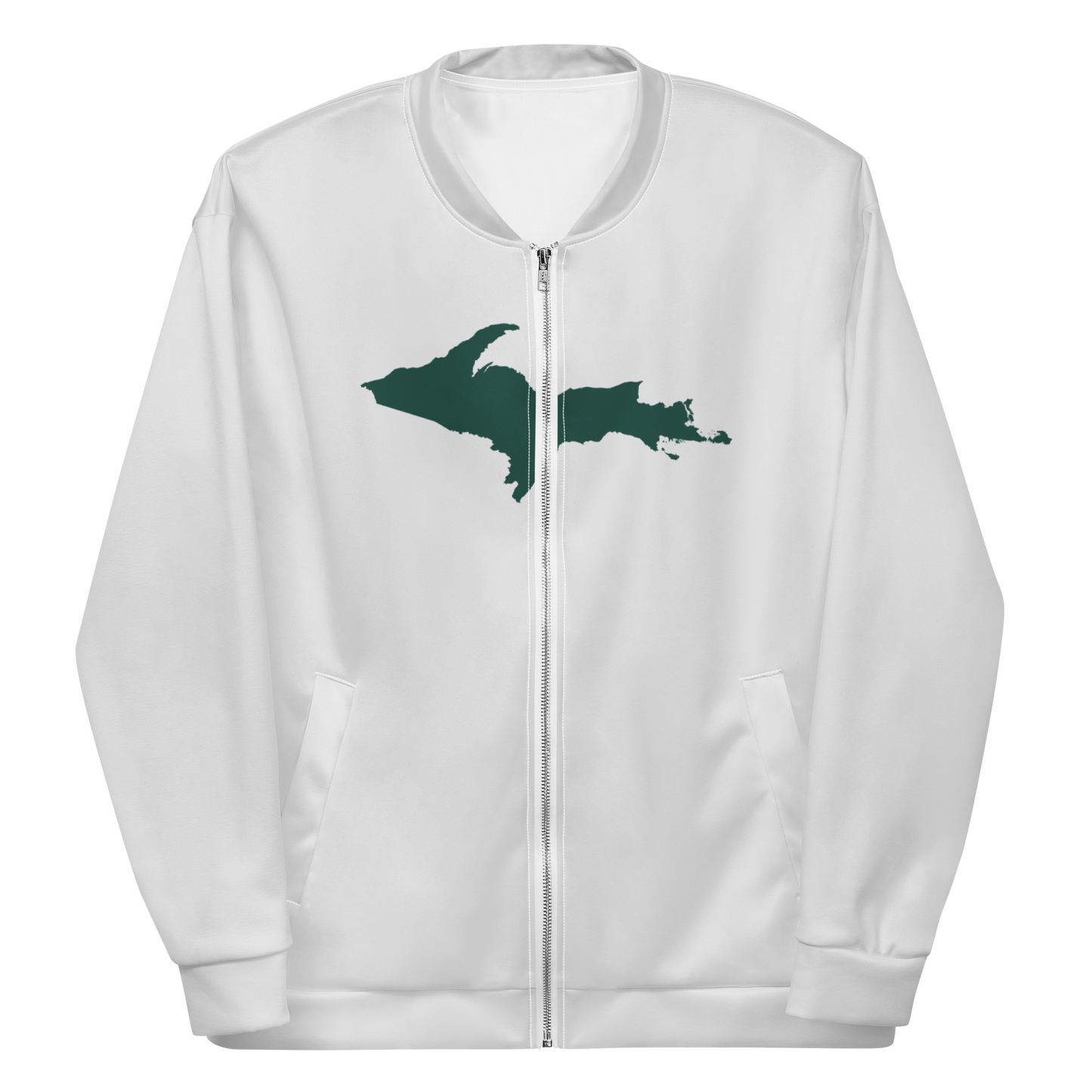 Michigan Upper Peninsula Bomber Jacket (w/ Large Green UP Outline) | Birch Bark White