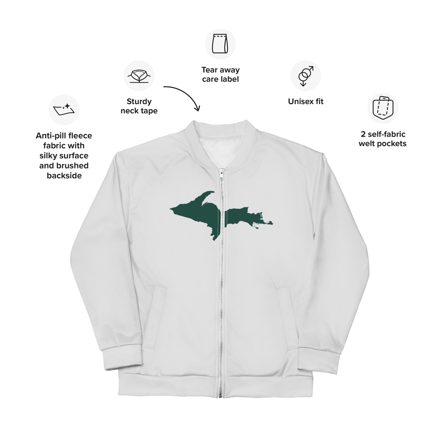 Michigan Upper Peninsula Bomber Jacket (w/ Large Green UP Outline) | Birch Bark White