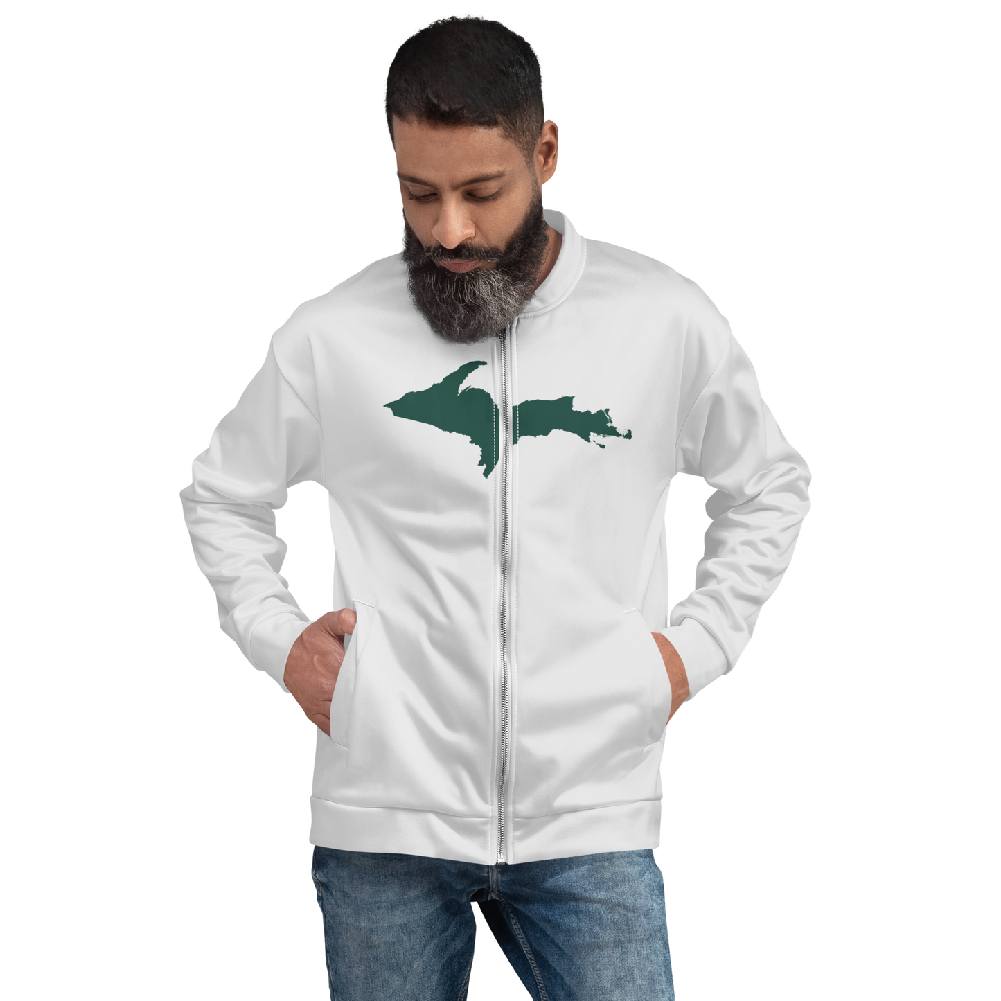 Michigan Upper Peninsula Bomber Jacket (w/ Large Green UP Outline) | Birch Bark White