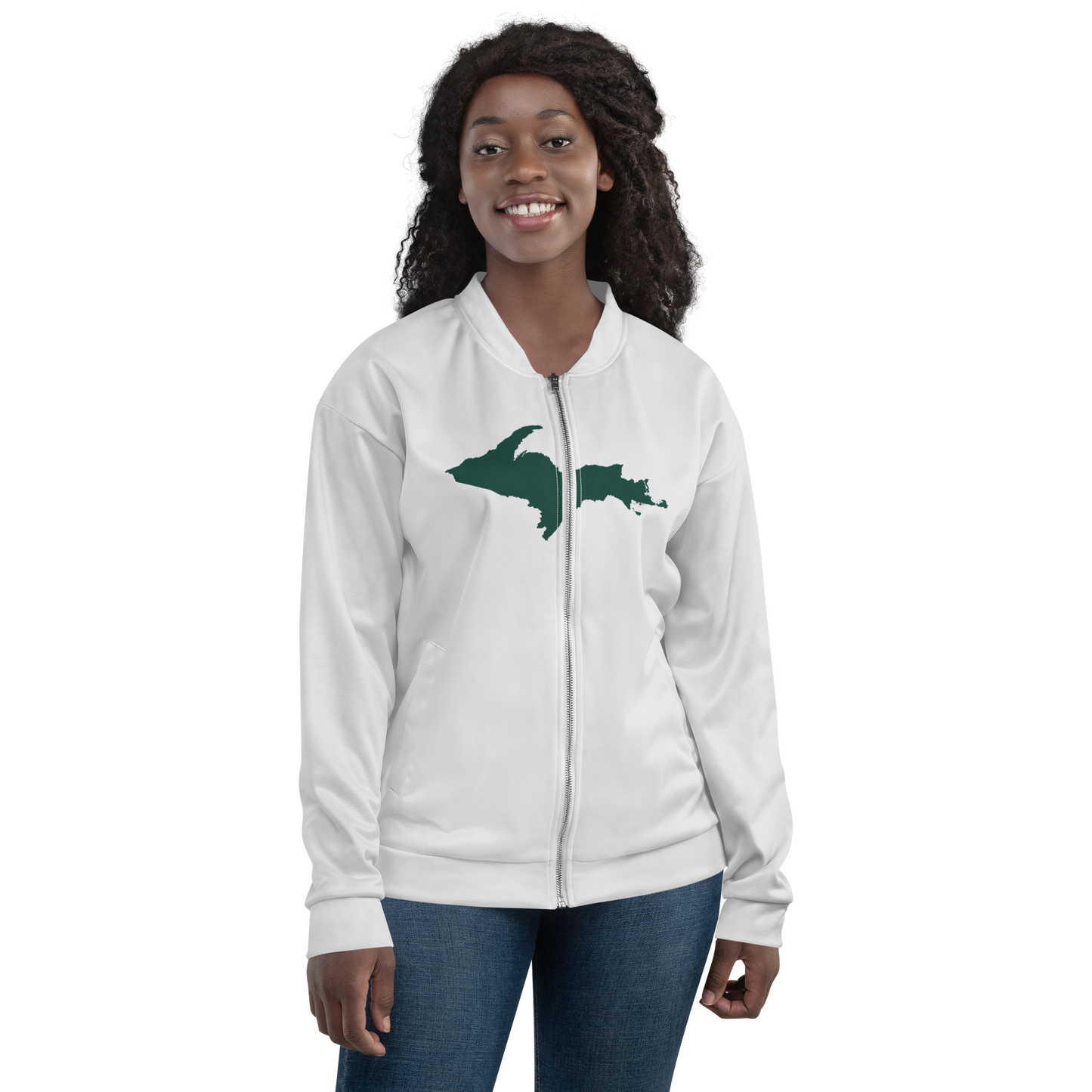 Michigan Upper Peninsula Bomber Jacket (w/ Large Green UP Outline) | Birch Bark White