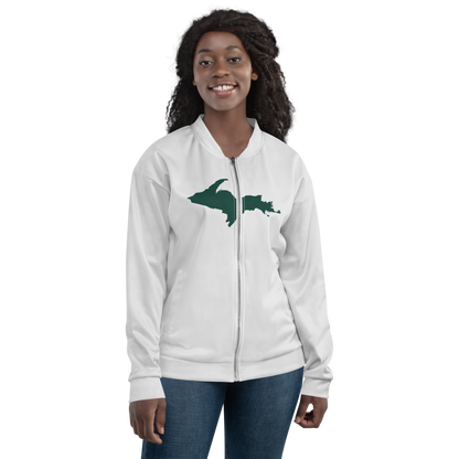 Michigan Upper Peninsula Bomber Jacket (w/ Large Green UP Outline) | Birch Bark White